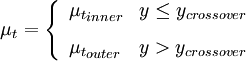 
\mu_t = \left\{
\begin{array}{ll}
{\mu_t}_{inner} & y \leq y_{crossover} \\[1.5ex]
{\mu_t}_{outer} & y > y_{crossover}
\end{array}
\right.
