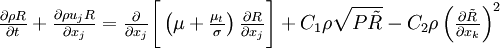 
\begin{matrix}
\frac{\partial \rho R}{\partial t} + \frac{\partial \rho u_j R}{\partial x_j} = \frac{\partial}{\partial x_j} \biggl[ \left(\mu +\frac{\mu_t}{\sigma}\right)\frac{\partial R}{\partial x_j} \biggr] +C_1 \rho \sqrt{P \tilde{R}} - C_2 \rho \left(\frac{\partial \tilde{R}}{\partial x_k}\right)^2 
\end{matrix}
